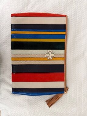 Tory Burch Multicolor Striped Leather Zip Clutch with Tassel